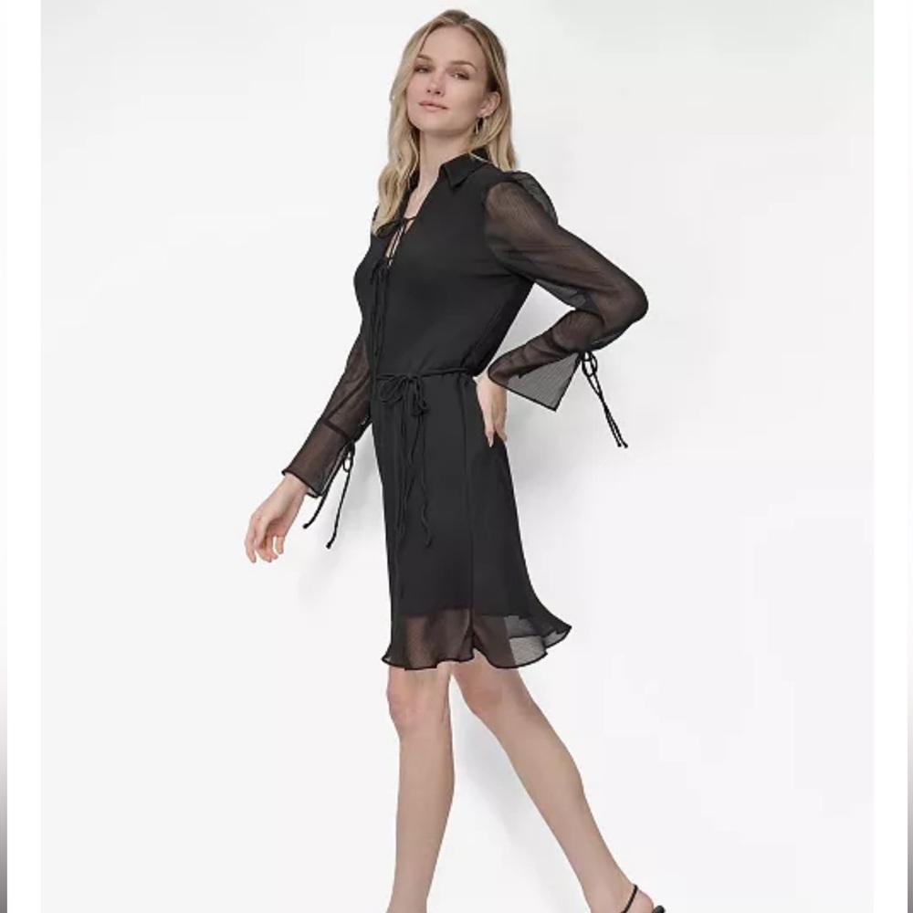 DKNY  Women's Chiffon Tie-Collar‎ Long-Sleeve Trapeze Dress Black. Size 8. NWT